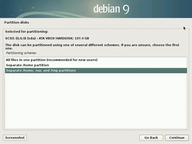 Install Debian 9 Stretch - Separate partition
