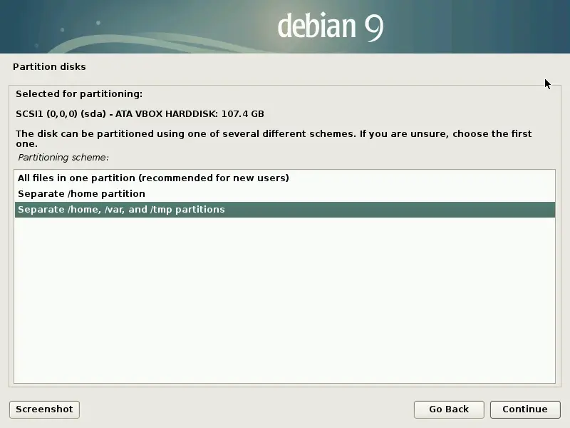 Install Debian 9 Stretch - Separate partition