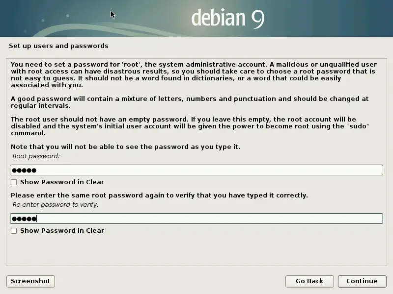 Install Debian 9 Stretch - Set root password