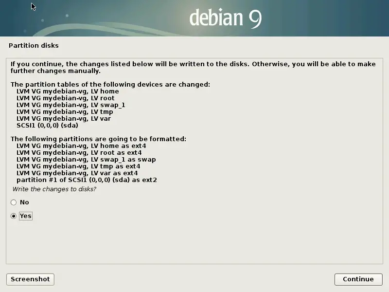 Install Debian 9 Stretch - Write Changes to disk