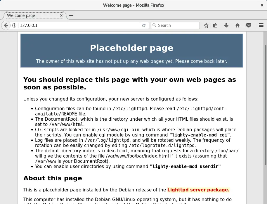 Install Lighttpd on Debian 9 - Default Page