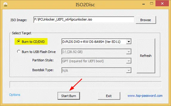 Reset Forgotten Windows 10 Password - Burn PCUnlocker to CD drive