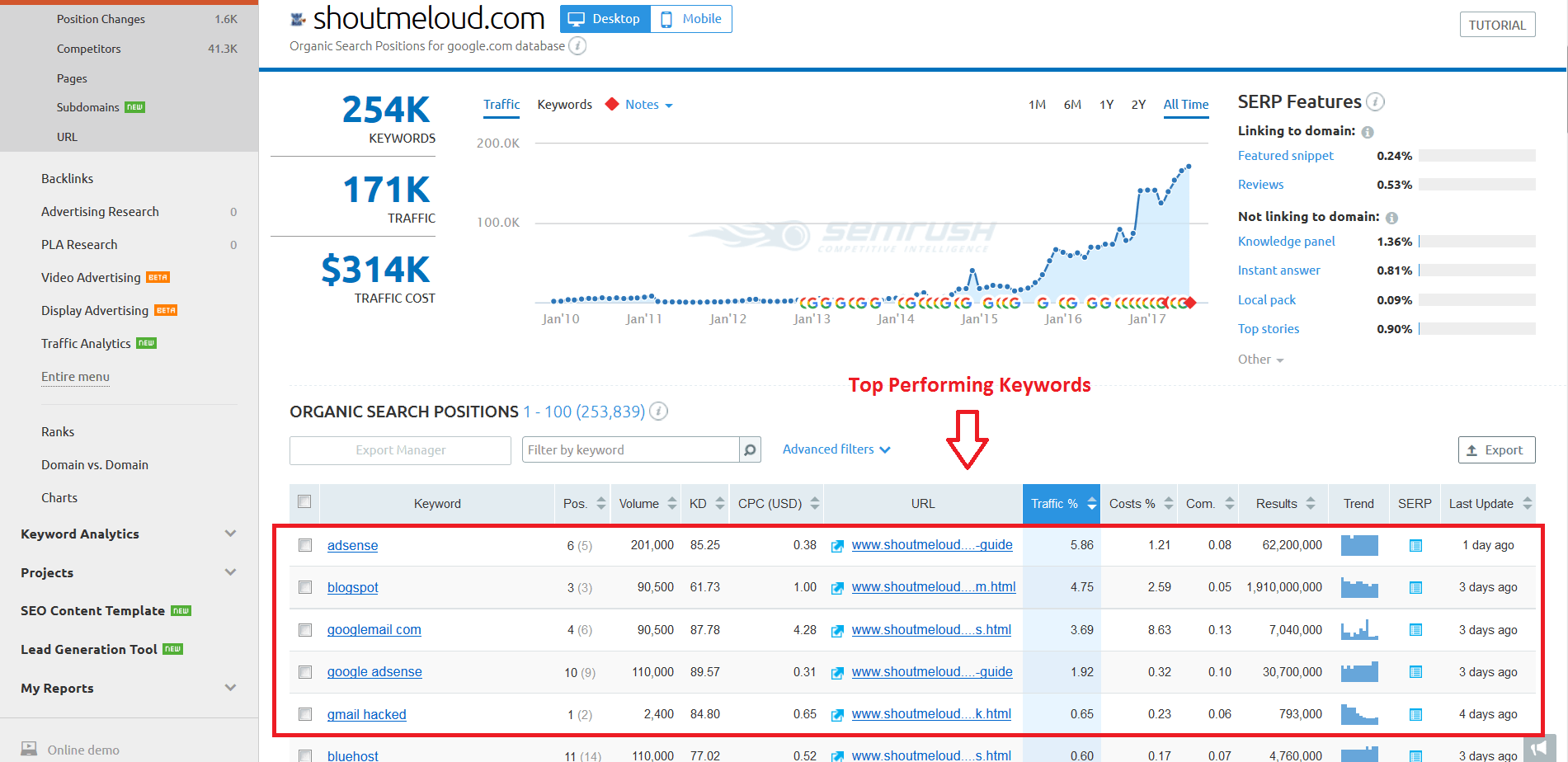 SEMrush Review - Top Performing Keywords