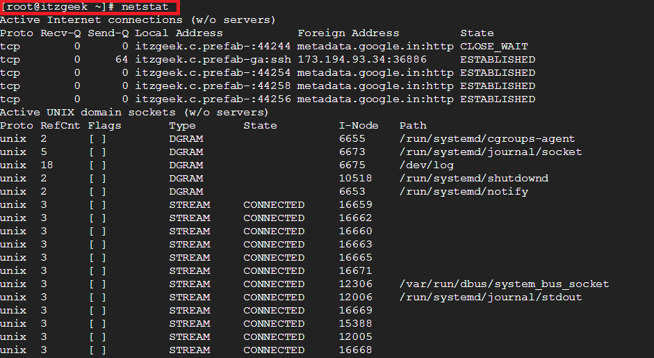 netstat Command not found on CentOS 7 - netstat command output