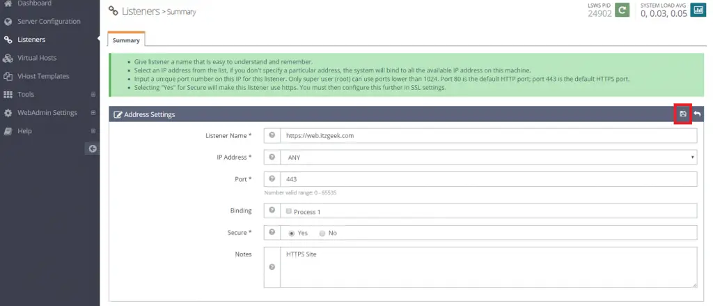 Configure Let's Encrypt SSL in OpenLiteSpeed Web Server - Add New Listener