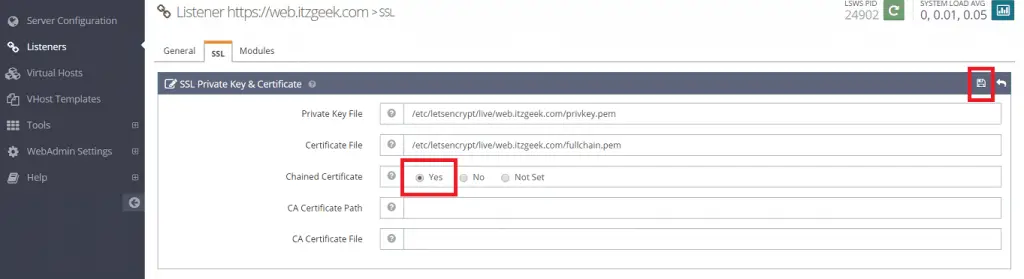 Configure Let's Encrypt SSL in OpenLiteSpeed Web Server - Configure SSL