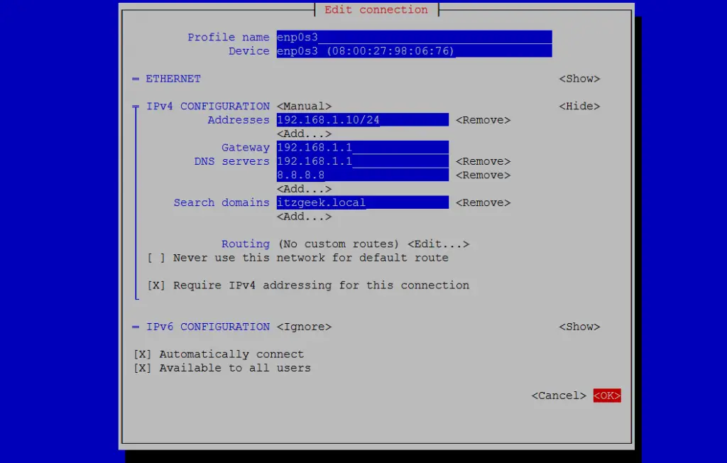 ip centos address static configure linux rhel fedora