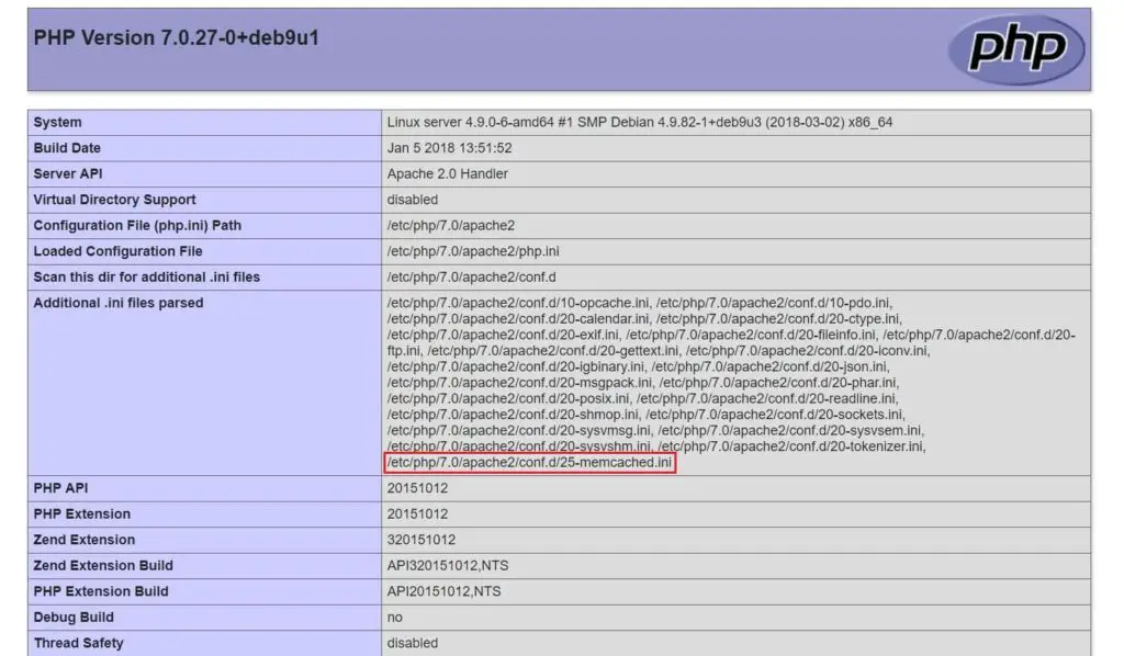 Install Memcached on Debian 9 - PHPInfo Page