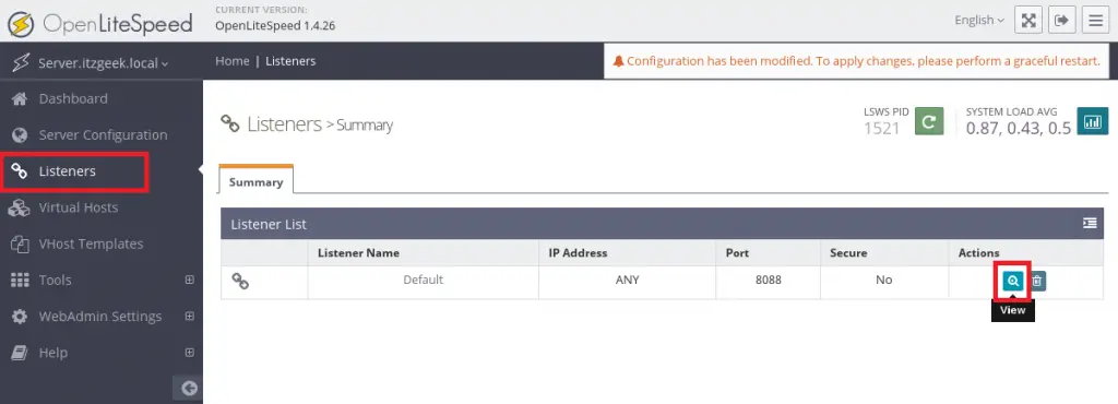 Install OpenLiteSpeed on CentOS 7 - Listeners List