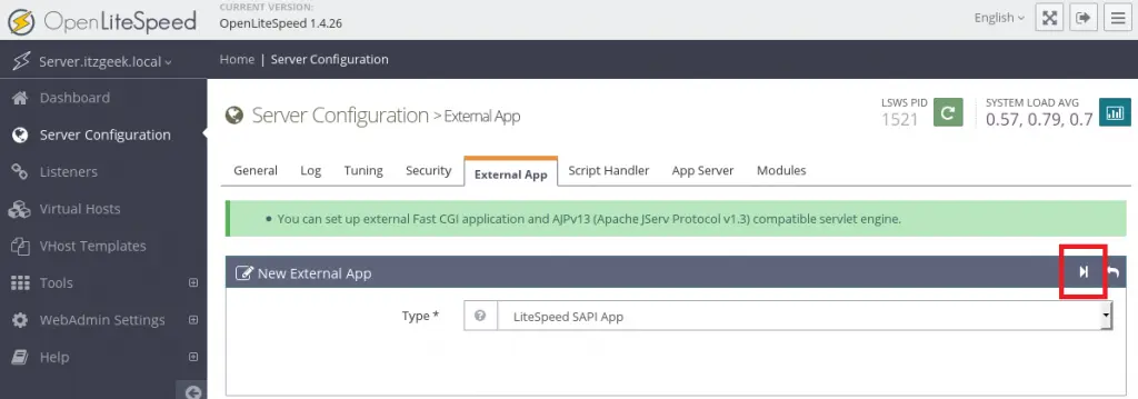 Install OpenLiteSpeed on CentOS 7 - New External App
