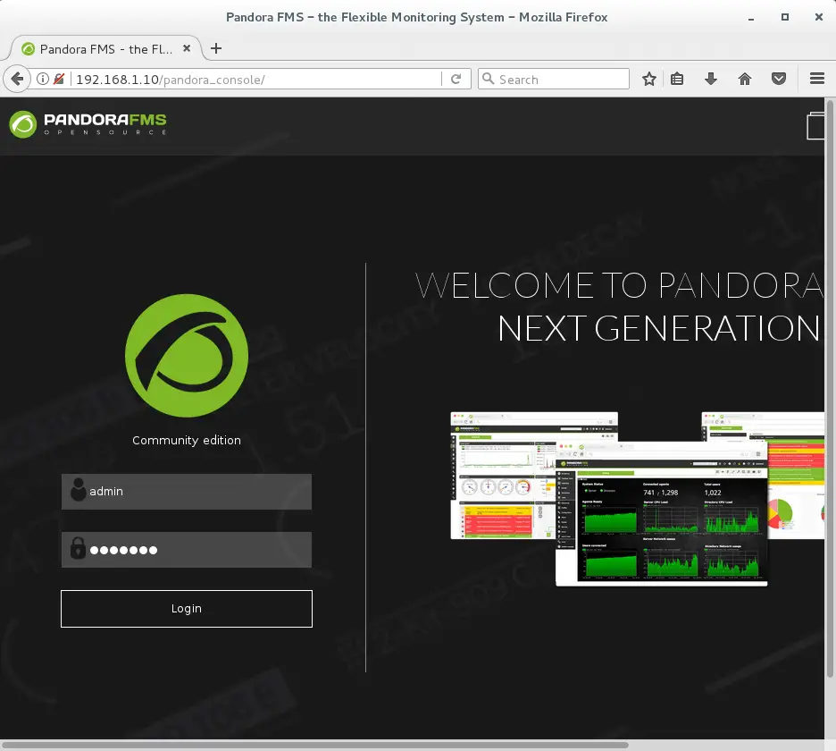 Install PandoraFMS Server on CentOS 7 - PandoraFMS Login Page