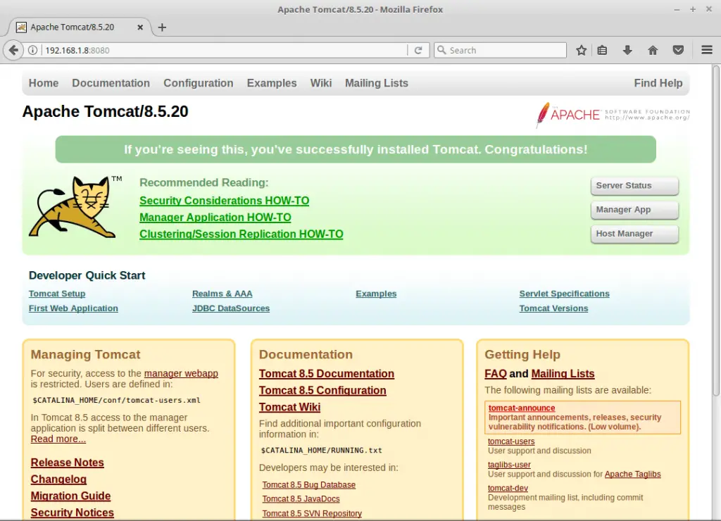 Install Tomcat 8.5 on Debian 9 - Tomcat 8 default page