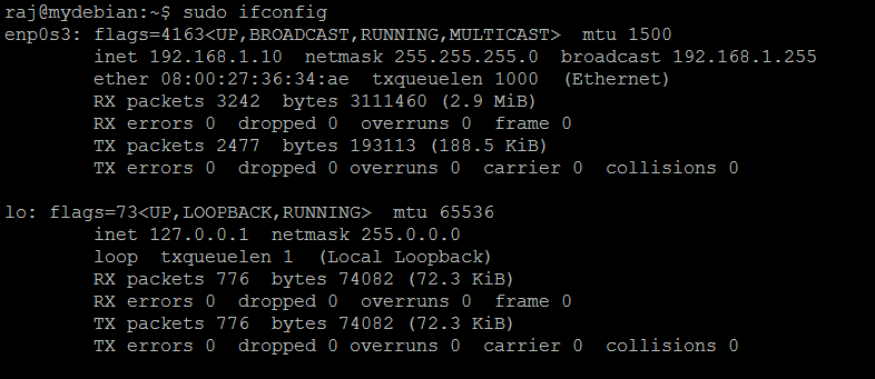 Disable IPv6 on Debian 9 - Output of ifconfig command After Disabling IPv6