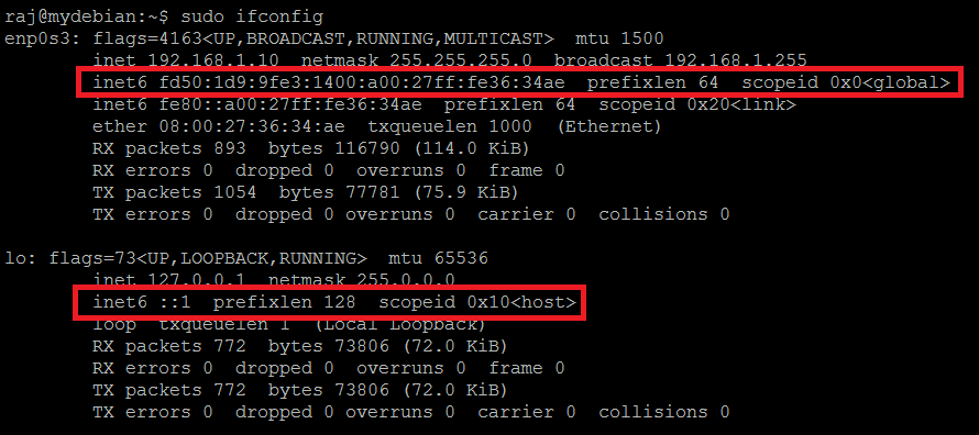 Disable IPv6 on Debian 9 - Output of ifconfig command Before Disabling IPv6