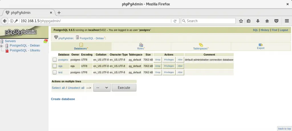 Install phpPgAdmin on Debian 9 - Database List