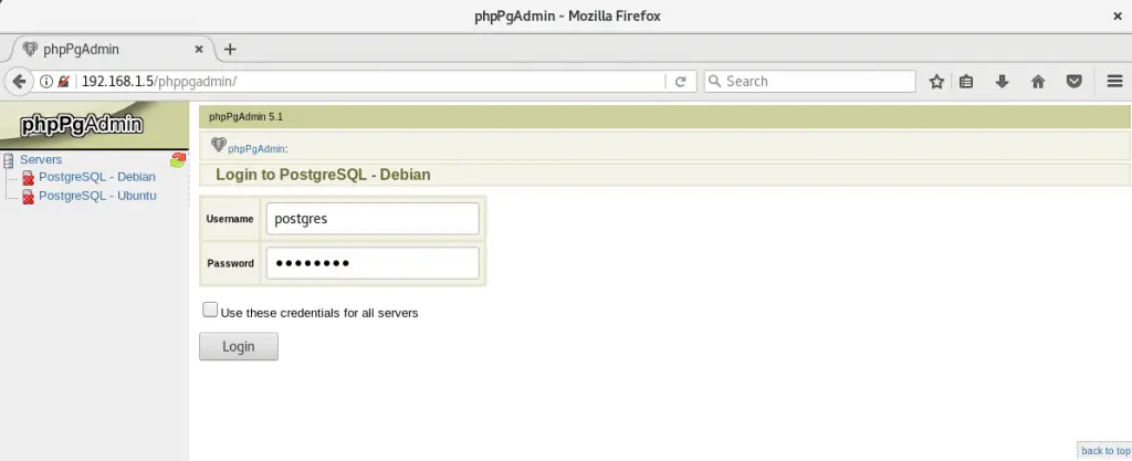 Install phpPgAdmin on Debian 9 - Login Page of PostgreSQL Instance