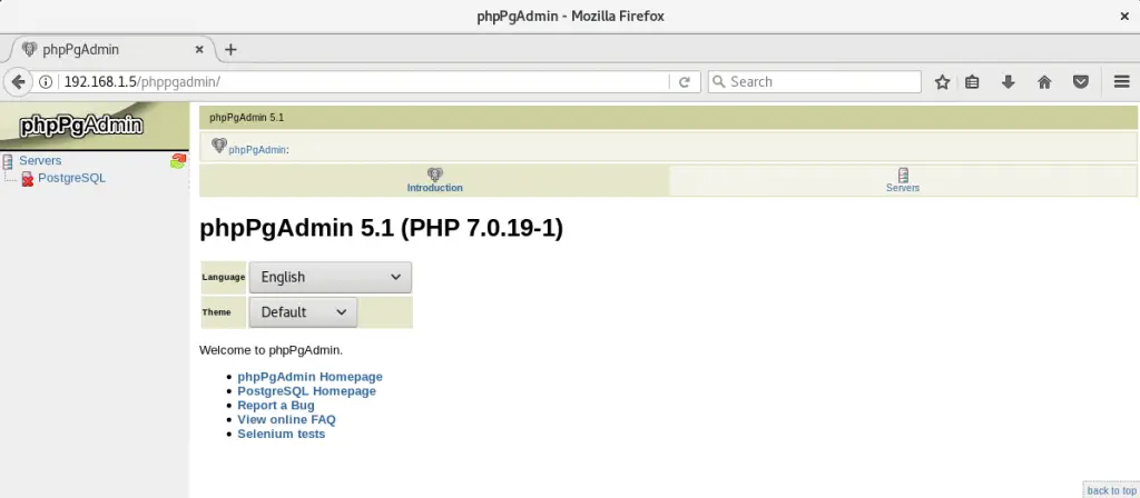 Install phpPgAdmin on Debian 9 - phpPgAdmin Page