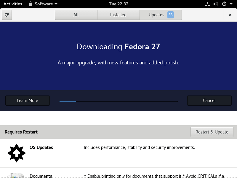 Upgrade Fedora 26 to Fedora 27 Workstation - Fedora 27 download in progress