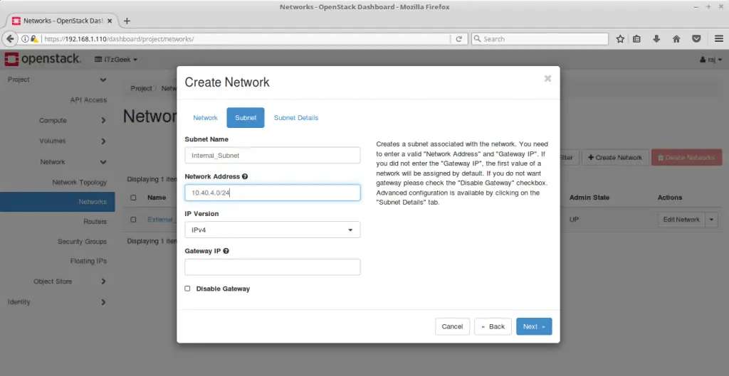 Configure OpenStack Networking - Create OpenStack Internal Subnet