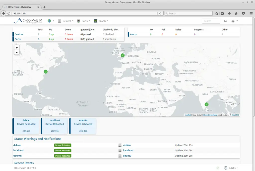 Install Observium on CentOS 7 - Observium Dashboard after adding Linux machines