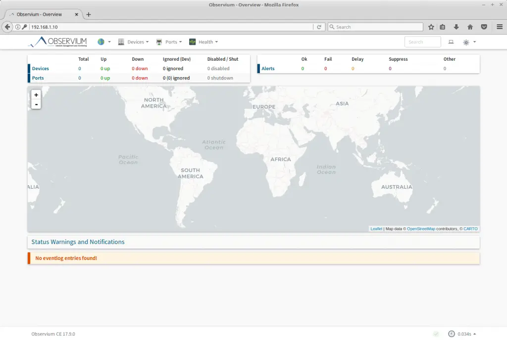 Install Observium on CentOS 7 - Observium Dashboard at Initial Stage