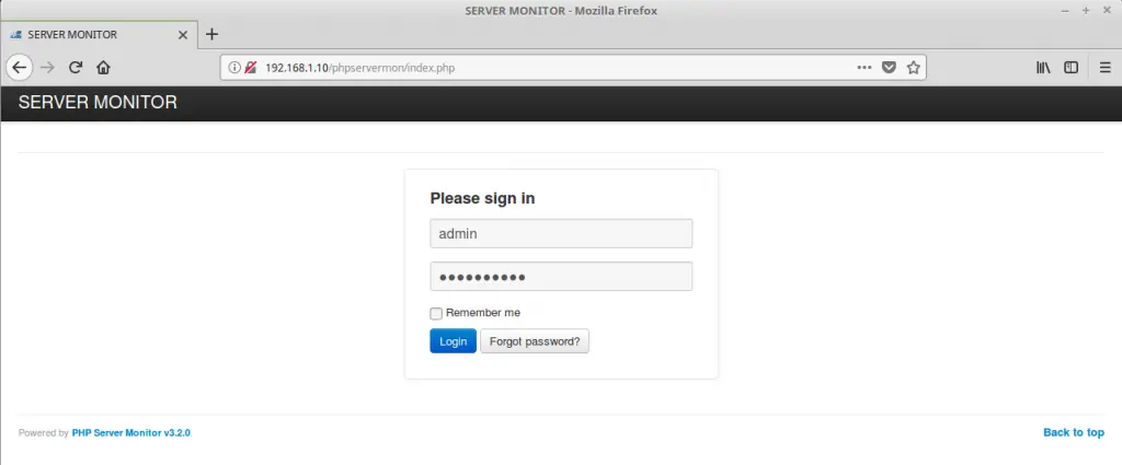 Install PHP Server Monitor on Ubuntu 16.04 - Login Screen
