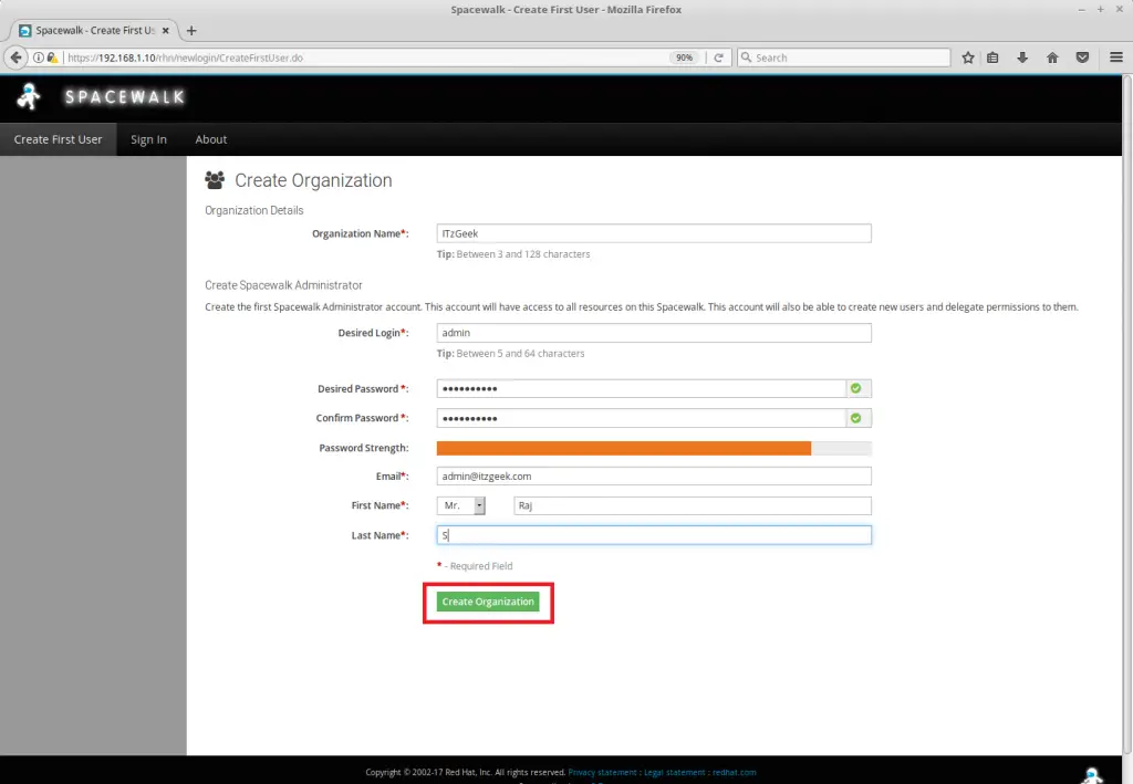 Install SpaceWalk on CentOS 7 - Create Organization