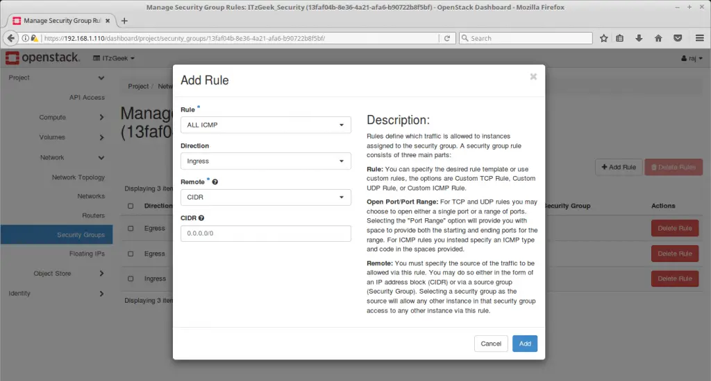 Launch an OpenStack Instance - Add ICMP Rule