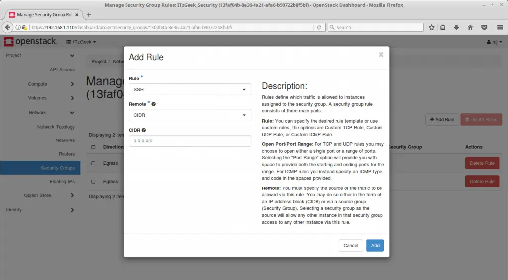 Launch an OpenStack Instance - Add SSH Rule