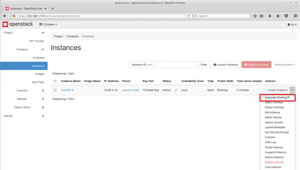 Launch an OpenStack Instance - Assign Floating IP to VM