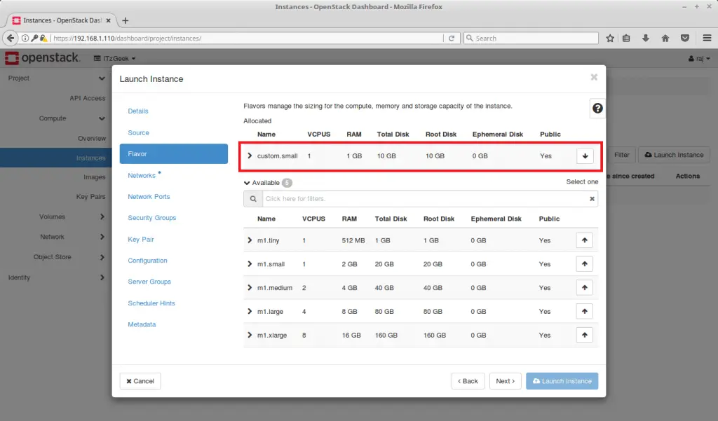 Launch an OpenStack Instance - Choose Machine Flavor