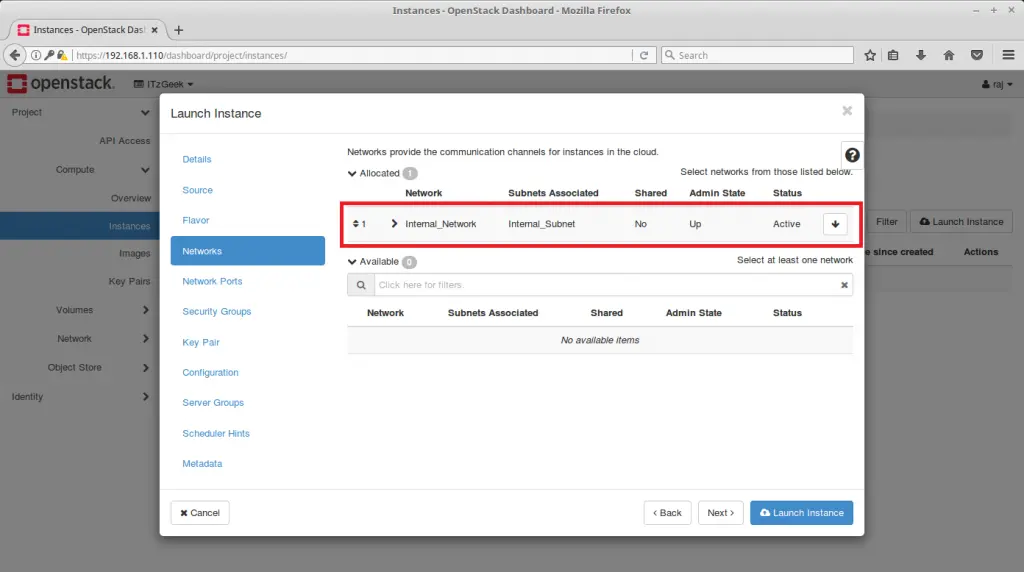 Launch an OpenStack Instance - Choose Network