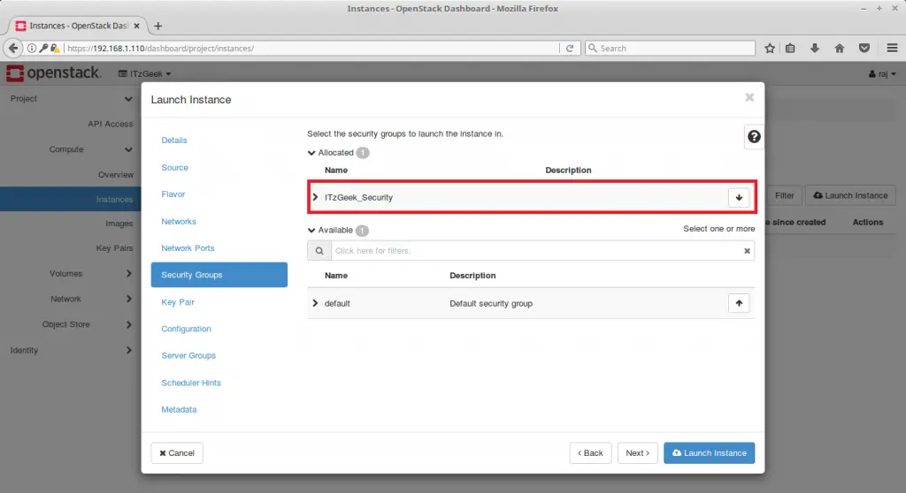 Launch an OpenStack Instance - Choose Security Group