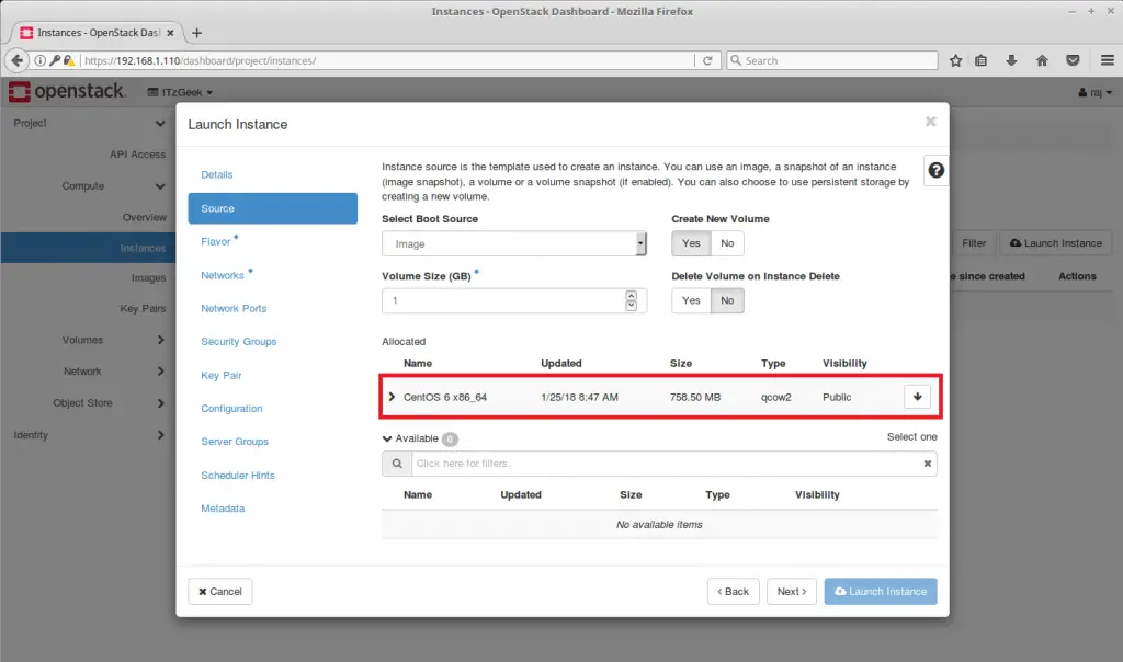 Launch an OpenStack Instance - Choose VM Image