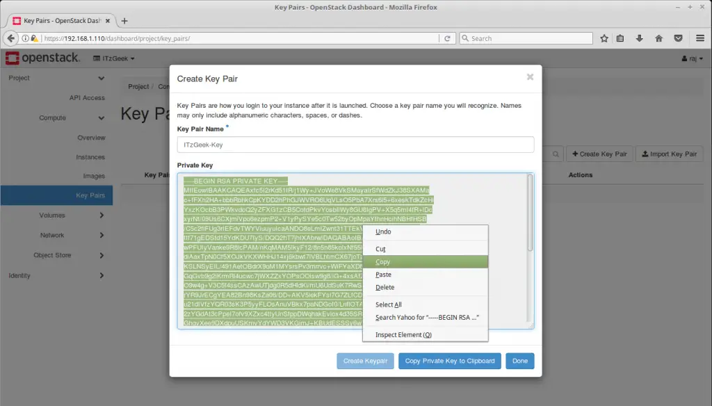 Launch an OpenStack Instance - Copy Private Key
