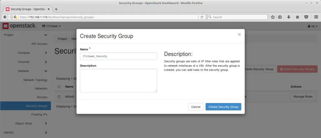 Launch an OpenStack Instance - Create Security Group