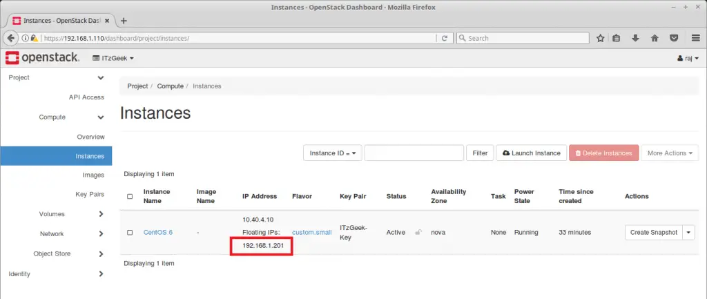 Launch an OpenStack Instance - OpenStack Instance Running with Floating IP