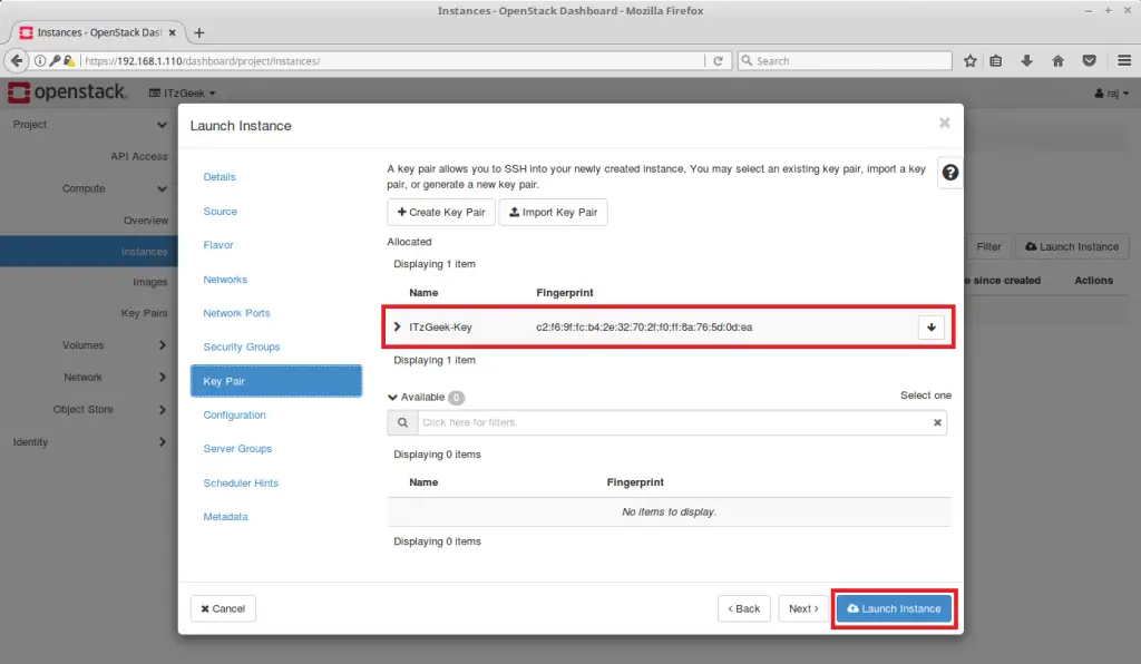 Launch an OpenStack Instance - Select Key Pair & Launch Instance