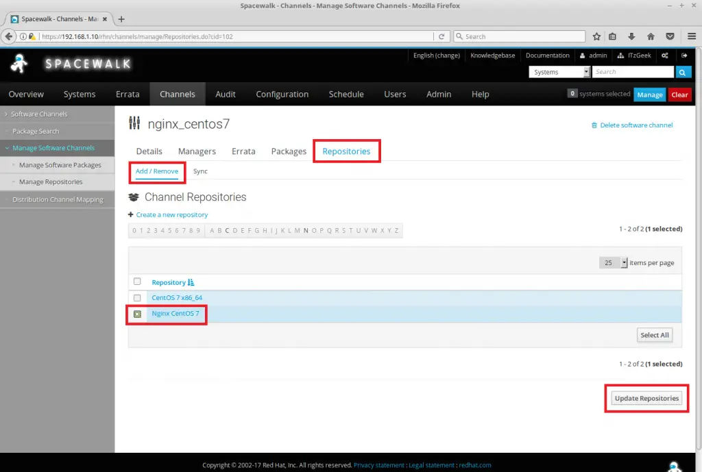 Managing Channels and Repositories in Spacewalk - Attach Repository to Child Channel