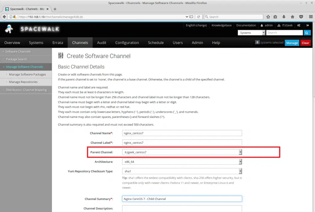 Managing Channels and Repositories in Spacewalk - Creating Child Channel