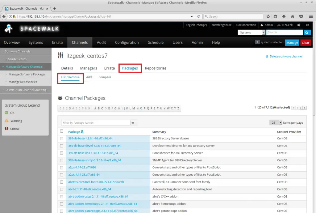 Managing Channels and Repositories in Spacewalk - List Packages in Channel