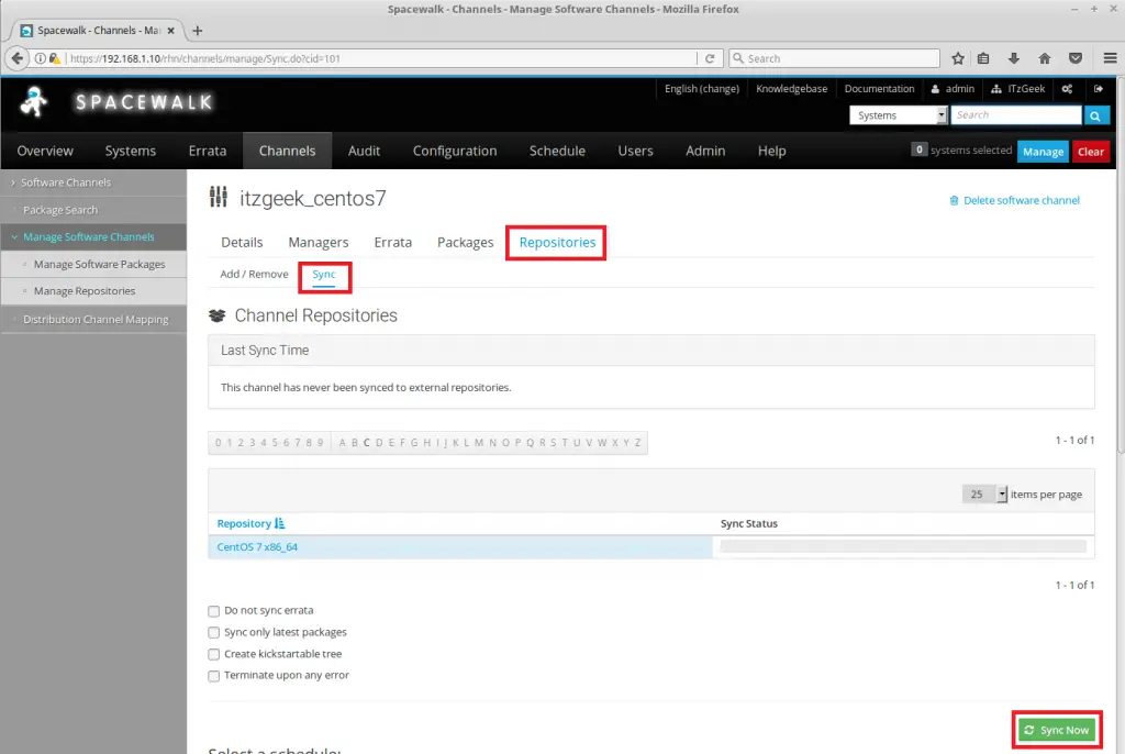 Managing Channels and Repositories in Spacewalk - Synchronize Channel