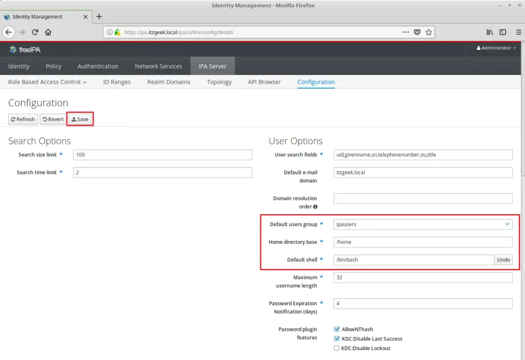 Configure FreeIPA server On CentOS 7 - Default settings for new users - Set Login Shell