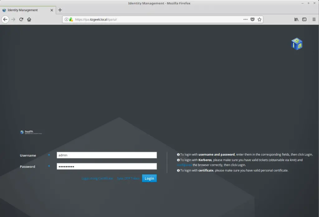Configure FreeIPA server On CentOS 7 - FreeIPA Web UI Login Screen