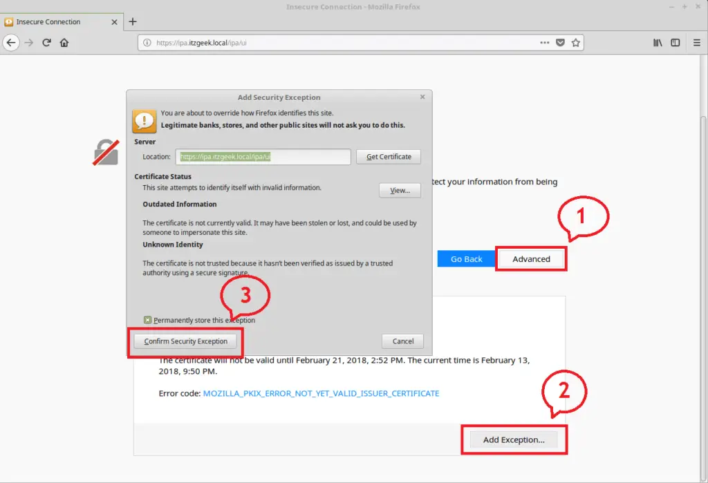 Configure FreeIPA server On CentOS 7 - SSL Exceptions