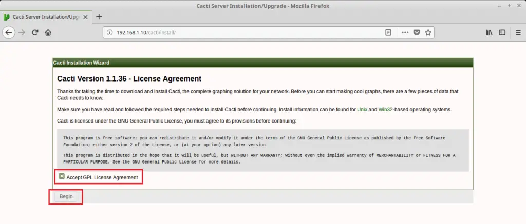 Install Cacti on Ubuntu 16.04 - Cacti License Agreement