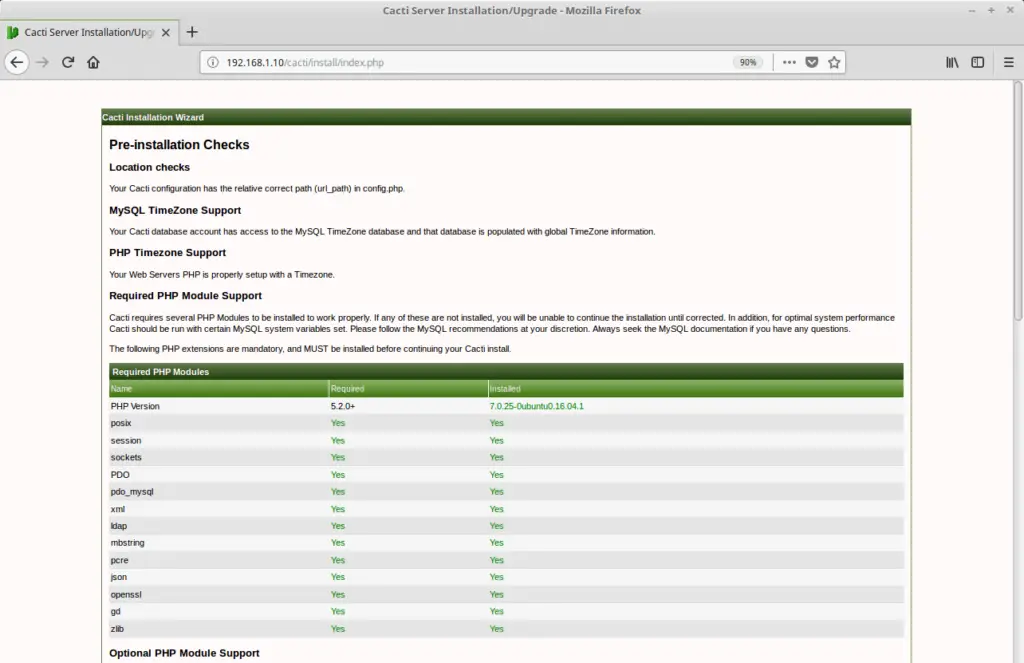 Install Cacti on Ubuntu 16.04 - Cacti Preinstallation Checks - PHP Modules