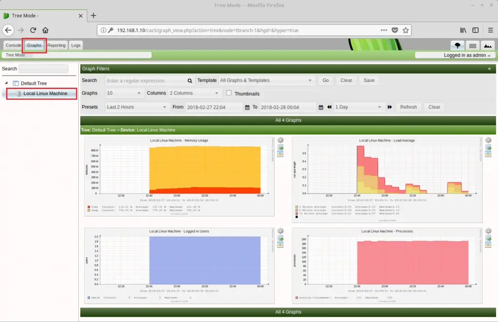 Install Cacti on Ubuntu 16.04 - Usage Graph of Local Machine