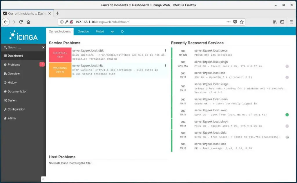 Setup Icinga Web 2 on CentOS 7 - Icinga Web 2 Dashboard