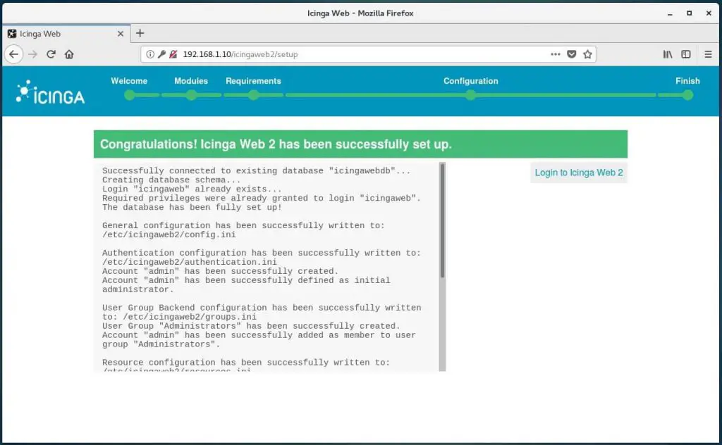 Setup Icinga Web 2 on CentOS 7 - Icinga Web 2 Installation Complete